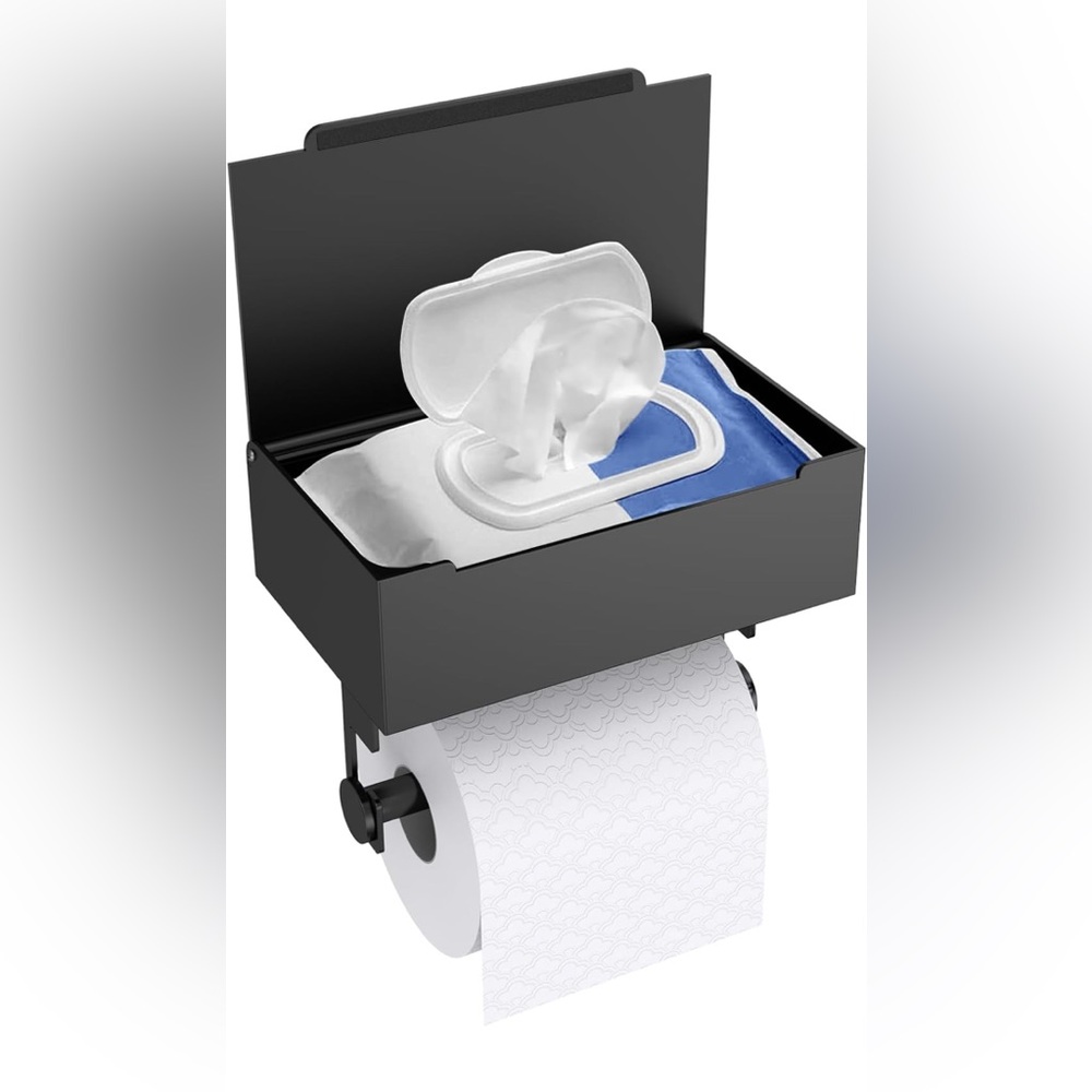 Toilet Paper Holder with Shelf, Wipes Holder for Bathroom Wipe Storage, Self-Adh